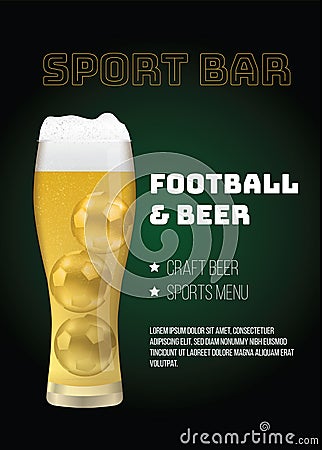 Football sports bar, soccer and beer glass , stars and text. Vector design for brewery pub. Vector Illustration