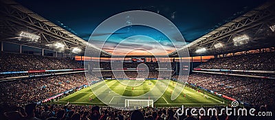 Football stadium at night with crowd of fans and supporters, toned Stock Photo