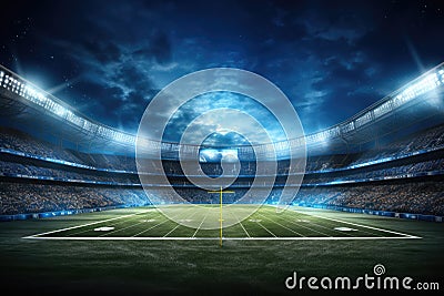 Football stadium at night with green field and lights. 3D rendering, American football stadium in lights and flashes, AI Generated Stock Photo