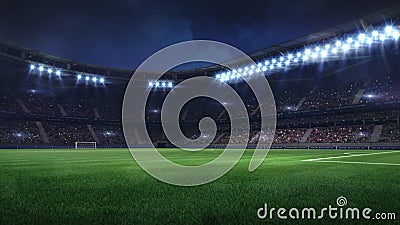 Modern football stadium illuminated by floodlights and empty green grass Cartoon Illustration