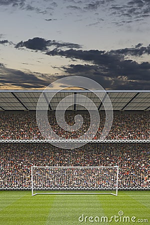 Football stadium stand with crowd, goal posts Stock Photo