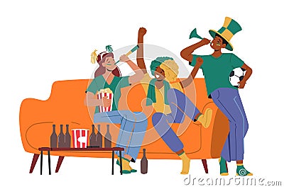 Football Supporter Fans Characters Cheering and Celebrate Watching Match Sitting on Couch at Home. Excited Friends Group Vector Illustration