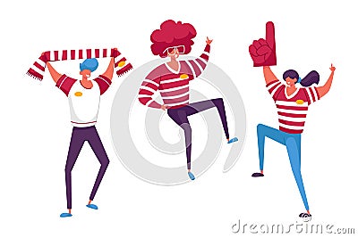 Football Supporter Fans Characters Cheering and Celebrate Watching Match at Stadium. Friends People Group Vector Illustration