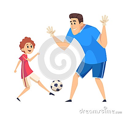 Football time. Sport training, father play soccer with son. People wear uniform, game with ball vector illustration Vector Illustration