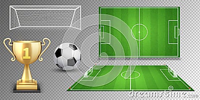 Football vector elements. Soccer ball golden cup green fields goals. Realistic vector football elements isolated on Vector Illustration