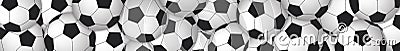 Football web banner. Lot of realistic soccer balls. Long full banner for website. Rectangular horizontal sports background. Vector Vector Illustration