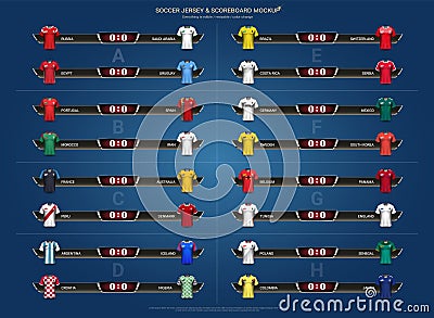 Football 2018 World championship cup, National team soccer jersey uniforms group set and Scoreboard match vs Vector Illustration