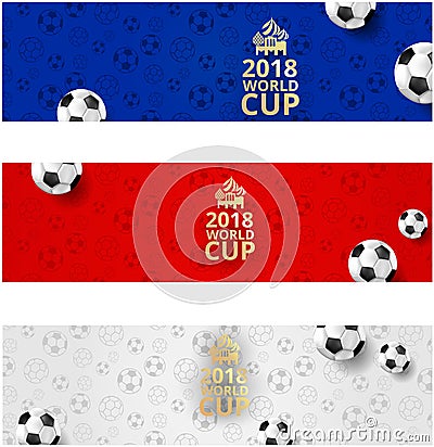 Football world cup banners with balls in russian flag colors. Vector Illustration