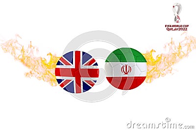 Football world cup 2022 England vs Iran flags in a soccer ball with fire and fifa logo 2022 Editorial Stock Photo