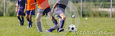 Footballers on Football Training Camp. Young Players Kicking Soccer on Practice Session Stock Photo