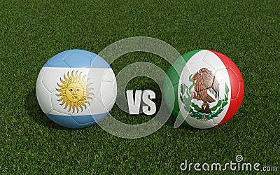 Footballs in flags colors on grass .Argentina with Mexico. World Cup football championship 2022 . Stock Photo