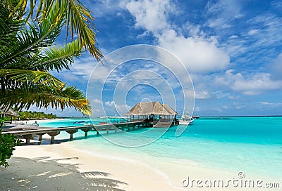 Footbridge connecting the jetty in maldives Stock Photo