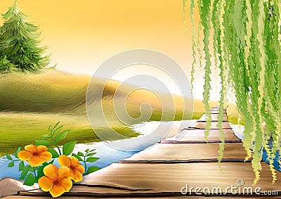 Footbridge & meadow stream Cartoon Illustration