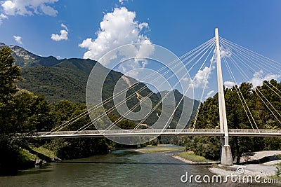 Footbridge in the middle of the forest, beautiful architecture. Below you can see the Ticino River. Aerial view Stock Photo