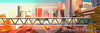 Footbridge over highway asphalt road with marking arrows traffic signs city skyline modern skyscrapers cityscape sunset Vector Illustration