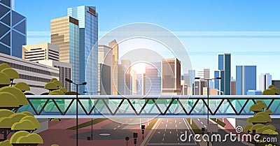 Footbridge over highway asphalt road with marking arrows traffic signs city skyline modern skyscrapers cityscape Vector Illustration