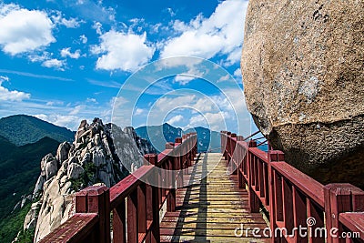 Footbridge at the peak of Ulsan Bawi at Seorak Mountain. Stock Photo