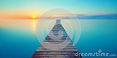 Footbridge sea beach meditation journey calm hormone sunset sea yoga Stock Photo