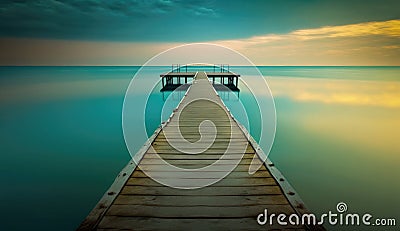 Footbridge sea beach , Meditation by the Sea at Sunset Stock Photo