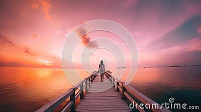 Footbridge sea beach , Meditation by the Sea at Sunset Stock Photo