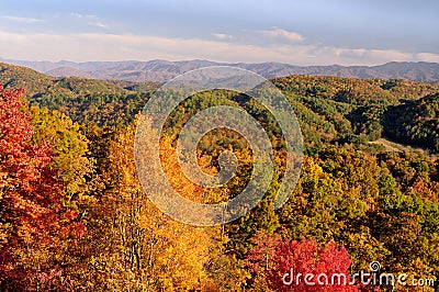 Foothills Parkway View into Smoky Mountains in Autumn Color Stock Photo