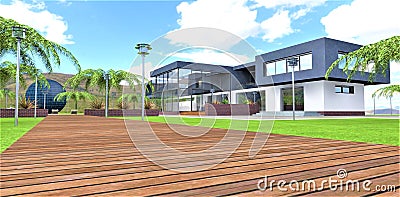 Footpath covered with boards. Territory of an elite estate. Grassed lawn. Metal street lights. Beautiful cloudy sky. 3d rendering Cartoon Illustration