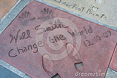 Footprint and hand prints of Superstar Will Smith at Graumans TCL Chinese Theater in Hollywood, Los Angeles, California USA. Editorial Stock Photo