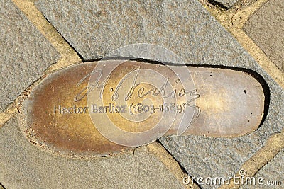 Footprint of Hector Berlioz, inventor of the saxophone, in Dinant Editorial Stock Photo