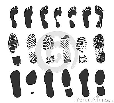 Footprint icon. Human barefoot or shoes footsteps. Foot track silhouettes. Boot and sneaker sole prints. Footwear trail shapes. Vector Illustration