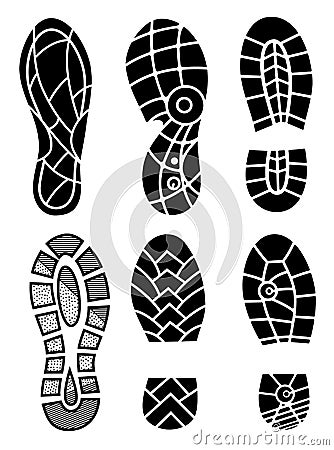 Footprint icons isolated on white background. Vector art. Collection of a imprint soles shoes. Footprint sport shoes big Vector Illustration