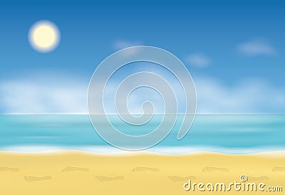 Footprint on the sand. Steps on the beach. Background with sea and blue sky. Vector illustration. Vector Illustration