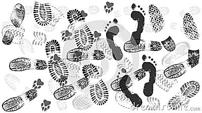 Footprint of shoes on the road, crowds of people, isolated silhouette vector Vector Illustration