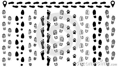 Footprint of shoes on the road, isolated set silhouette vector. Vector Illustration