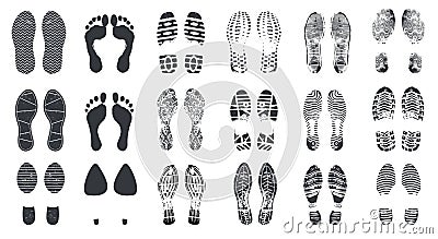 Footprint silhouettes. Barefoot, sneaker and shoes steps with dirt texture. Walking boot footprints, foot imprints Vector Illustration