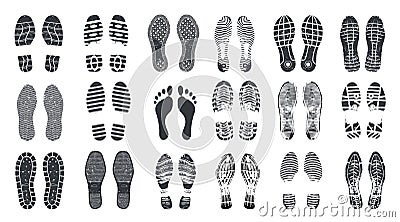 Footprint steps. Barefoot, sneaker and shoes footstep with grunge texture. Boot footprint stamps, foot imprints vector Vector Illustration