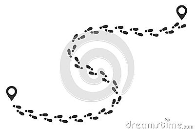 Footprint trail, human walking route, footsteps track. Shoe print path with gps pointers. Boot shoes sole silhouette Vector Illustration