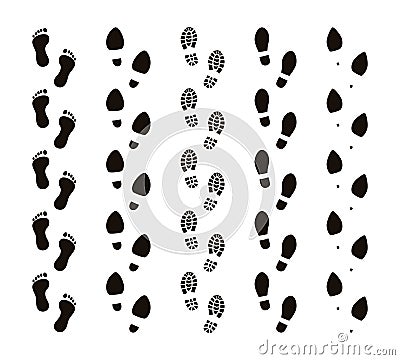 Footprint trails. Bare feet human footsteps, funny people foot steps, follow concept, black silhouettes. Vector Vector Illustration