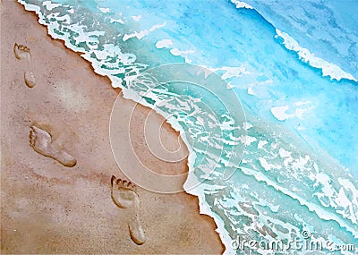 Footprints in the sand on the seashore, summer sea foam of the beautiful blue sea Vector Illustration