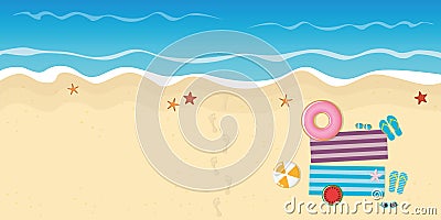 Footprints on the beach with starfish flipflops and sunglasses Vector Illustration