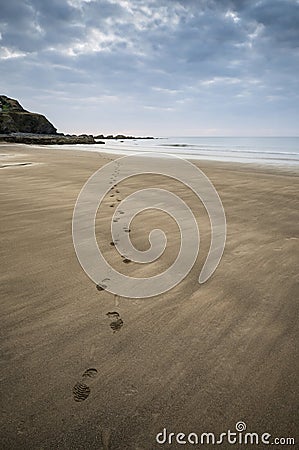 Footprints on beach Summer sunset landscape Stock Photo