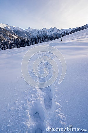 Footprints in the deep snow. Winter in Tatra Mountains. Poland. Winter adventure concept Stock Photo