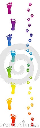 Footprints Dog Human Barefoot Rainbow Colored Vector Illustration