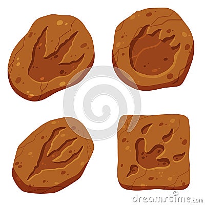 Footprints of a fossil dinosaur. Set of Dino reptile foot trail. Paw in brown clay or stone. Vector Illustration