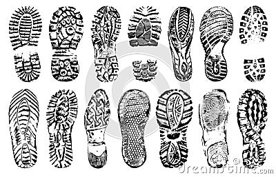 Footprints human shoes silhouette, vector set, isolated on white background. Vector Illustration