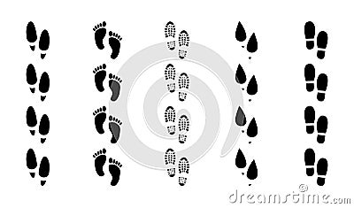 Footprints human shoes trails. Funny people foot steps, bare feet person follow footsteps concept, black footprints silhouettes Vector Illustration