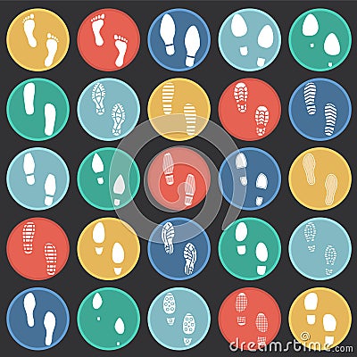 Footprints icons set on color circles black background for graphic and web design. Simple vector sign. Internet concept Vector Illustration