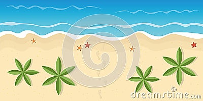 Footprints on lonely beach with palm trees and starfish Vector Illustration