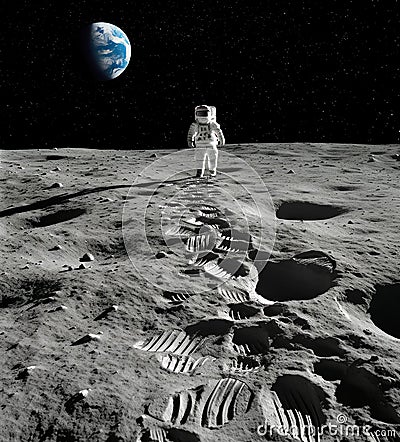 Footprints on lunar surface lead to a distant figure of astronaut, with Earth glowing brightly on a black starry sky. Generative Stock Photo