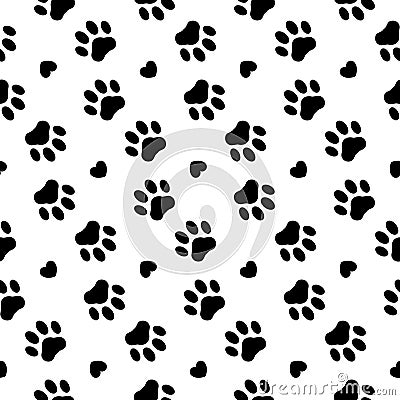 Footprints seamless pattern. Pet prints. Paw cute background for pets dog, cat. Foot puppy. Black shape pawprints. Footprint. Anim Vector Illustration