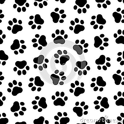 Footprints seamless pattern. Pet prints. Paw cute background for pets dog, cat. Foot puppy. Black shape pawprints. Footprint. Anim Vector Illustration